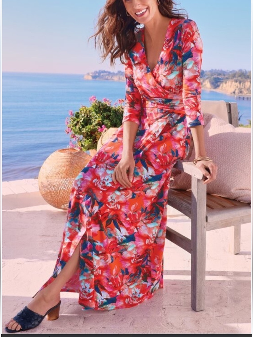 Soft Surroundings Le Jardin Faux Wrap Maxi Dress 1X Crimson Floral Garden Party